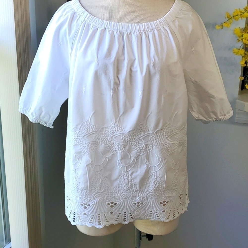TALBOTS,  White embroidery,  cut out‎ blouse. Size large petite.  BOAT NECK.